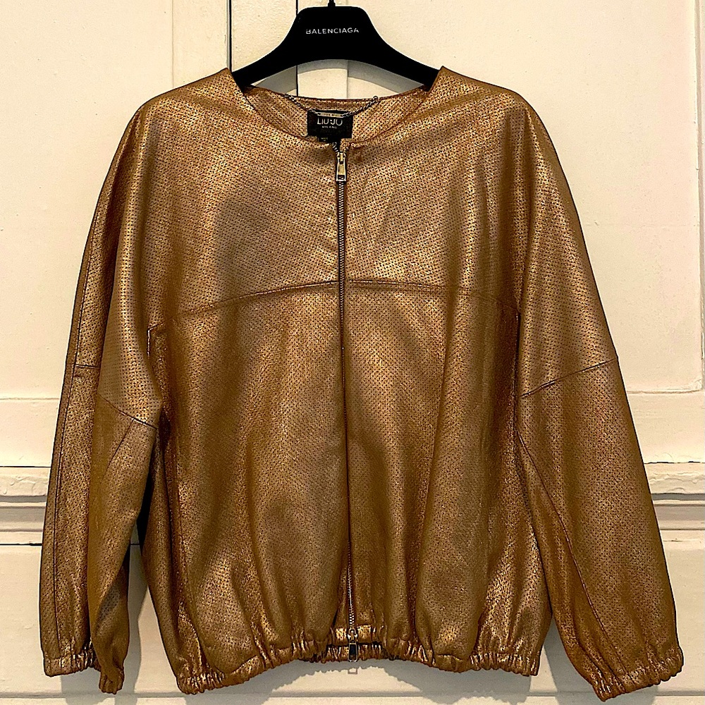 LIU•JO antique gold perforated goat leather bomber jacket SZ 42